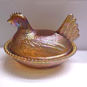 Vintage Carnival Glass Hen on Nest Dish
